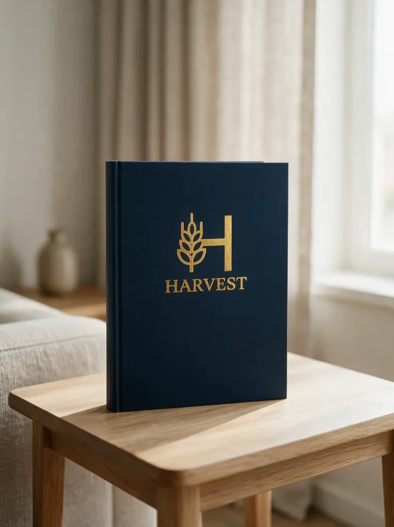The navy Harvest hardcover with its gold wheat mark, standing on a wooden table in soft window light.