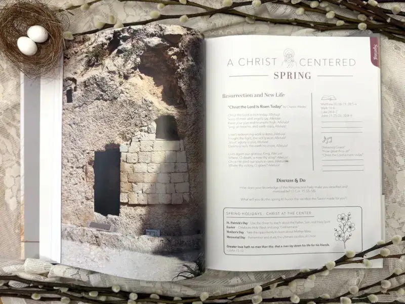 The open Harvest book at A Christ Centered Spring, with scripture, hymns, and discussion prompts.