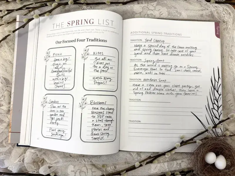 The Spring List spread with four handwritten traditions and additional ideas on the facing page.