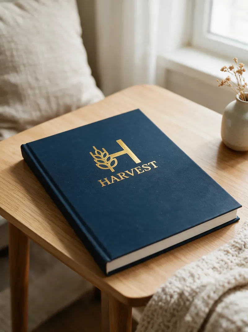 The navy Harvest book with its gold wheat mark, resting on a wooden table beside dried flowers.