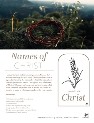Names of Christ printable with scripture prompts and a wheat bookmark.