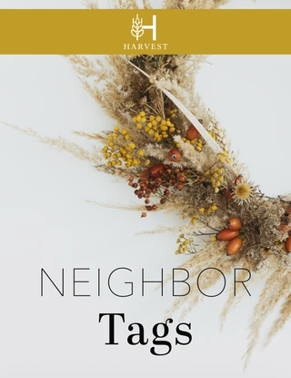 Harvest Neighbor Tags printable with a golden floral wreath.