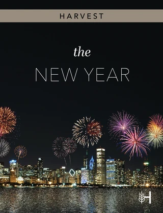 Harvest New Year printable with fireworks over a city skyline.
